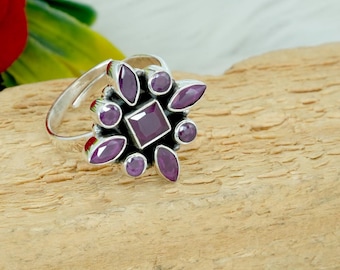 Anello con rubino sfaccettato fatto a mano, argento sterling 925, regolabile