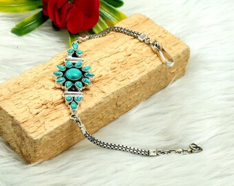 Pulseira Floral Turquesa, Joia com Pedra Preciosa em Prata de Lei 925