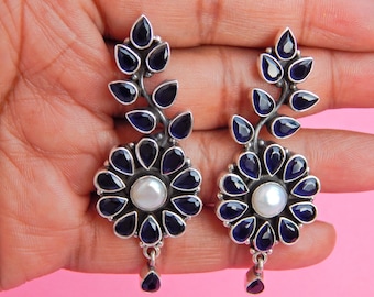 Pendientes de plata de ley con perla iolita: joyería de piedras preciosas hecha a mano