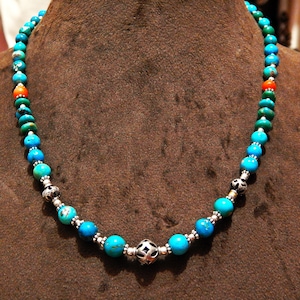 Natural Coral & Turquoise Gemstone Beaded Necklace in 925 Sterling Silver Natural Multi Gemstones Necklace , Anniversary Gift