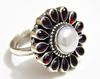 Handmade Garnet Pearl Ring: 925 Sterling Silver Gemstone Jewelry