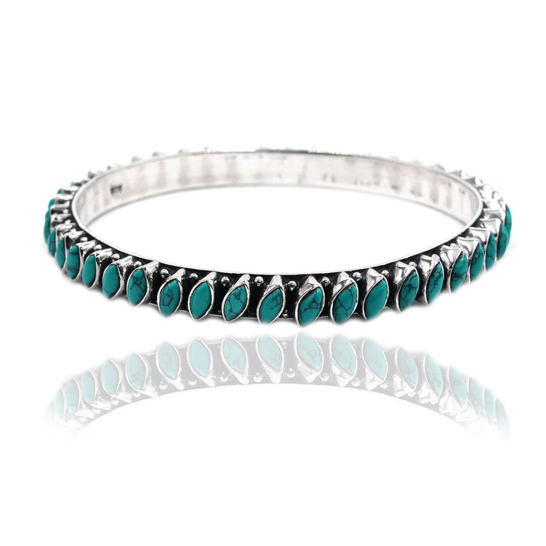 Handmade Marquise Turquoise Bangle: 925 Sterling Silver, Size 2-6