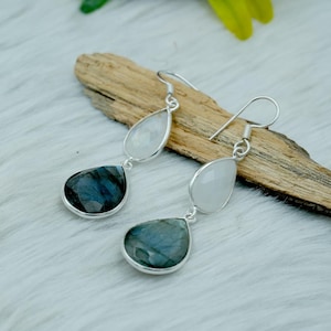 Natural Moonstone and Labradorite Earrings 925 Sterling Silver Gemstone Earrings Dangle Earring Wedding Earrings Silver Earring Gift for Her