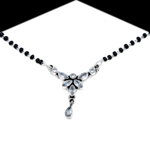 Sterling Silver Mangalsutra Necklace: Zircon Flower Pendant, Black Beads