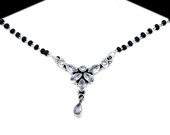Natural gemstone Mangalsutra Necklace in 925 Sterling Silver  , Zircon , Black Beads Silver Chain, Gift For Her , Traditional Necklace