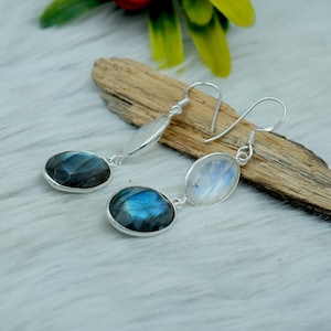 Natural Moonstone and Labradorite Earrings 925 Sterling Silver Gemstone Earrings Dangle Earring Wedding Earrings Silver Earring Gift for Her