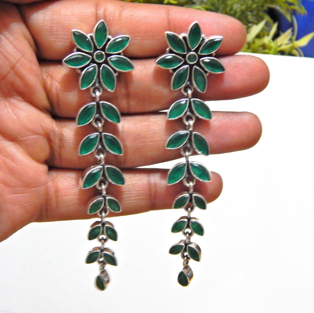 グリーンオニキススターリングシルバーダングルイヤリング