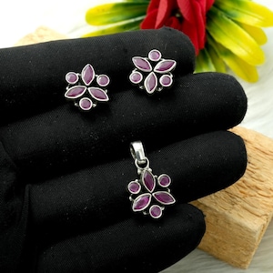 Handmade Ruby Floral Jewelry Set: 925 Sterling Silver Studs & Pendant