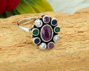 Natuurlijke robijnrode smaragdgroene saffierring, 925 sterlingzilver, sieraden met meerdere stenen