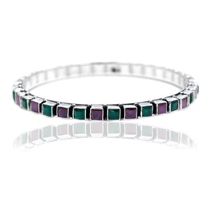 May include: A silver bangle bracelet featuring a continuous row of alternating square-cut purple and green gemstones. The metal band has a polished finish with small silver beads separating each individual stone setting along the entire circumference.