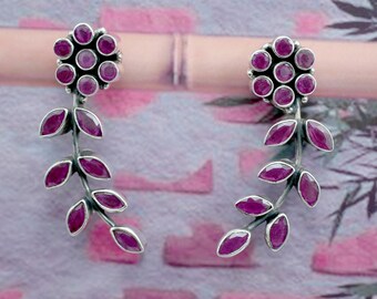 Natural Ruby Sterling Silver Earrings: Floral Leaf Design