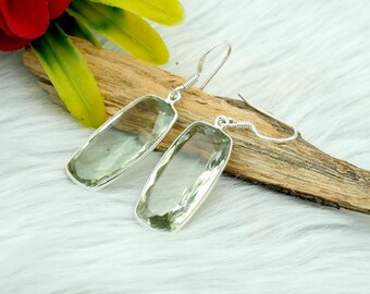 Handmade Green Amethyst Earrings: Cushion Cut Sterling Silver Dangle Earrings