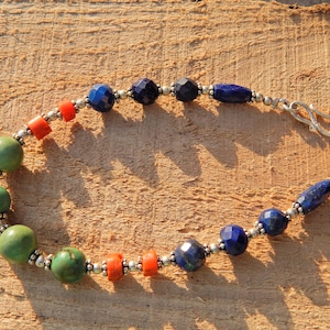 Turquoise, Coral & Lapis Beaded Bracelet - Sterling Silver, Handmade