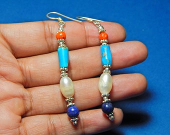 Natural Pearl, Turquoise Earring, Coral Earring, Lapis Lazuli Earring Turquoise Beads Lapis Lazuli Beads 925 Sterling Silver Earring