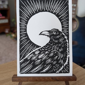 Original Raven Print | Sun Art Print | Handmade Bird Print | Black and White Bird Art | Witchy Wall Art | Corvid Artwork | Artwork for Altar