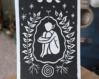 Linocut Nature Spirit Art Print | Witchy Altar Artwork | Resting and Rooting Spiritual Linoprint