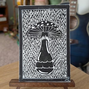 Original Mushroom Print | Mushroom Linocut | Black and White Mushroom Art Print | Handmade Print | Mushroom Gifts | Mushroom Art Wall Decor