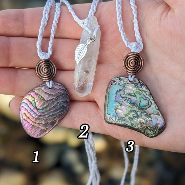 Handmade Nature Necklaces - Abalone Pendant Necklace - Quartz Crystal Necklace - Beach Jewelry  - Hippie Accessories - Slip On Necklace