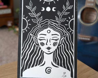 Linocut Nature Spirit Print | 4x6 Witchy Goddess Altar Artwork