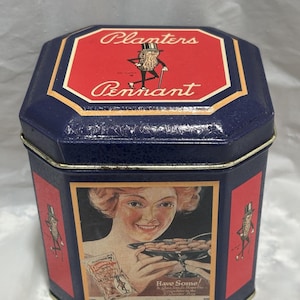 Vintage Planter Pennant Tin Mr. Peanut Hexagon Shaped
