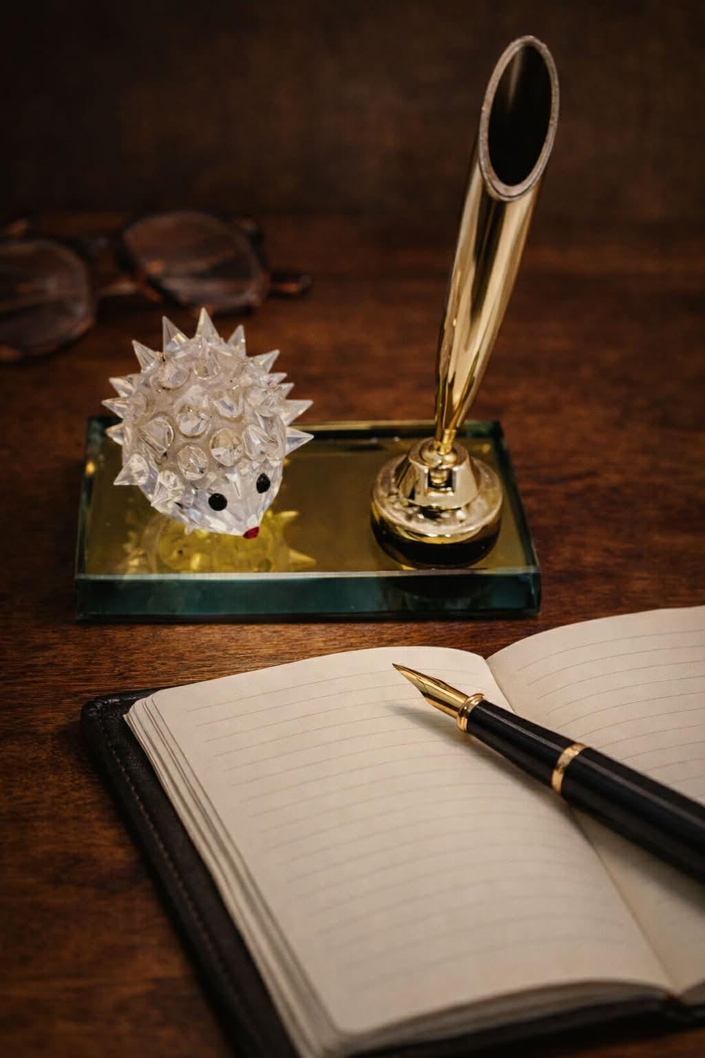 Vintage Swarovski Crystal Hedgehog Desk Set Pen Holder Mirror Gold