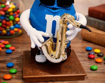 Vintage M & M Saxophon Blau Süßigkeiten Spender