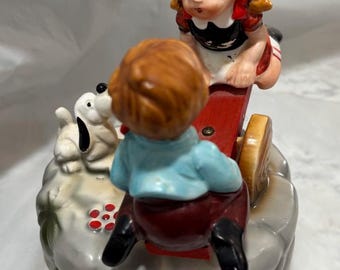 Vintage Musical Turntable Hummel Animated Boy and Girl on Seesaw