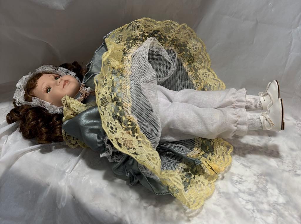 porcelain doll green dress Vintage Porcelain Doll in Pale Green Bouffant Dress and Huge Hat, Large Doll  Collection With Luxurious Curly Hair, Collectors Gift