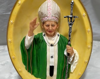 Vintage påven Johannes Paulus II dekorativ tallrik religiös väggbonad stående katolsk samlarobjekt