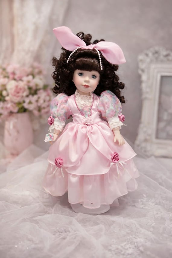 Vintage 1990s Victorian Garden Porcelain Display Doll Pink Satin Dress Hair  Bow Curly Hair - Etsy