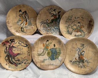 ヴィンテージの中国製竹皿コレクション、歴史を描いた絵皿6枚セット