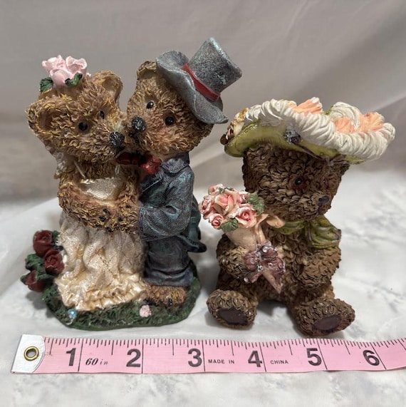 Vintage Bride and Groom Bears and Flower Girl Teddy Bear Figurines