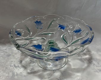 Tigela de pedestal de vidro com padrão de flores de Bluebells vintage