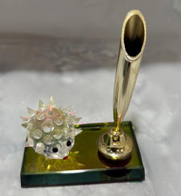 Vintage Swarovski Crystal Hedgehog Desk Set Pen Holder Mirror Gold