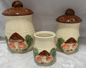 Vintage 1970s Mushroom Flour Sugar Coffee Ceramic Canisters Kitchen Table Decor Set of 3
