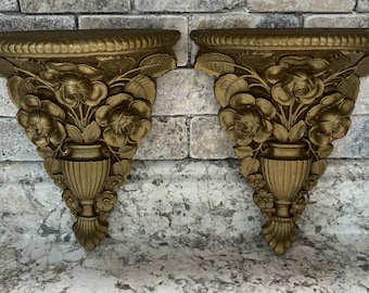 Vintage Pair 1946 Gold Wall Shelf Gilded Plaster Chalkware Shelf Sconces