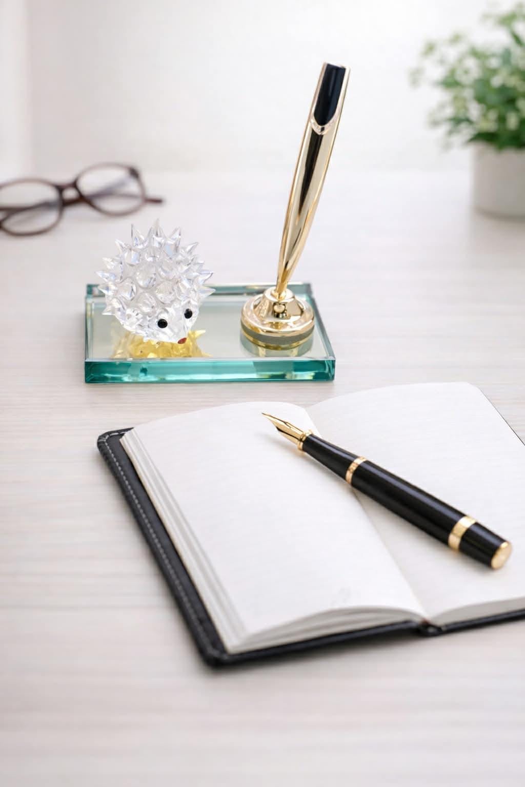 Vintage Swarovski Crystal Hedgehog Desk Set Pen Holder Mirror Gold
