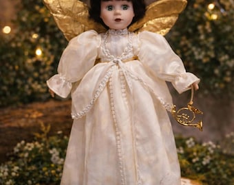 Vintage White Porcelain Angel with Trumpet Gold Cloth Wings on White Metal Stand