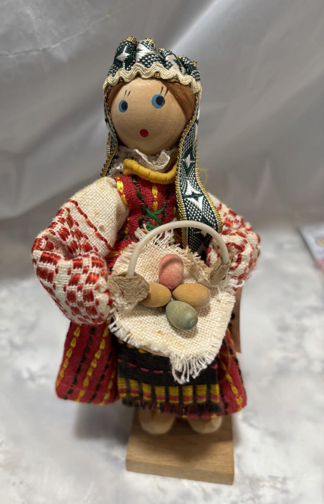 Vintage Handmade 1982 USSR Wooden Easter Doll Holding Basket of