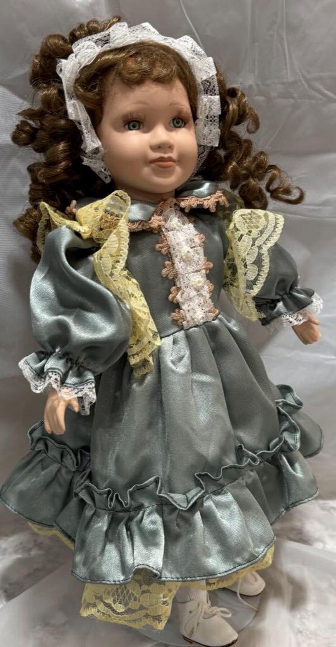 porcelain doll green dress 18 in with a stand Vintage Porcelain Doll, Green Dress