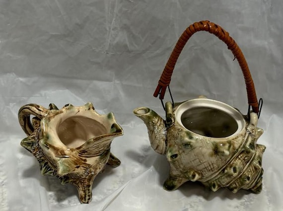 Vintage Japanese Majolica Ceramic Conch Shell Teapot and Creamer