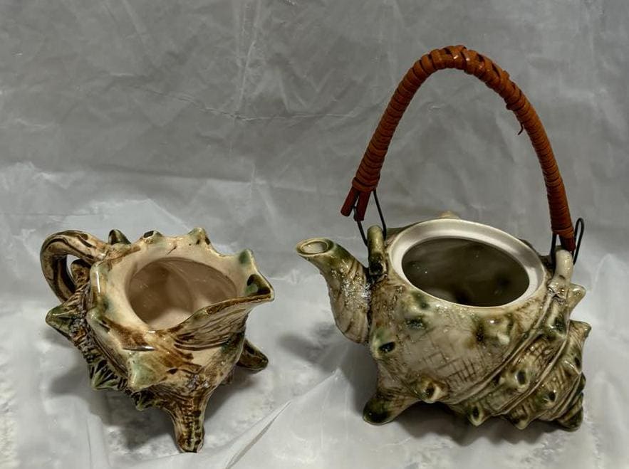 Vintage Japanese Majolica Ceramic Conch Shell Teapot and Creamer