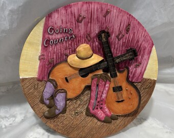 Vintage countrymusiktallrik "Going Country" väggdisplay med stativ eller hängare