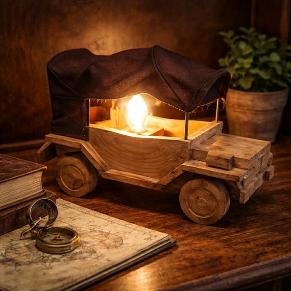 Vintage Handmade Wooden Table Desk Lamp Shaped Jeep Canvas Top