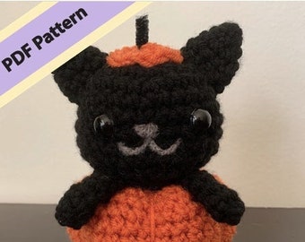 Patrón de ganchillo/Amigurumi PDF de gato calabaza - Fácil para principiantes - Decoración de felpa de gato negro de Halloween