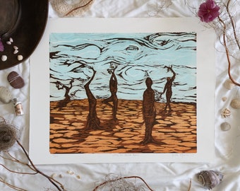 Lonely, But Never Alone - Original, Handmade Reduction Woodcut Print