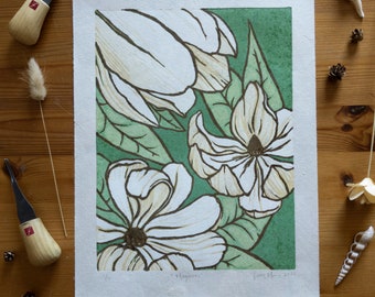 Magnolias - Originele, Handgemaakte Reducion Houtsnede Print