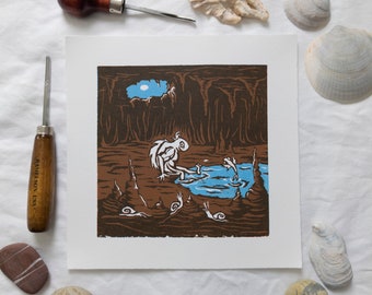 Down Below - Mini Original Reduction Woodcut Print