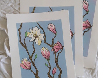 Japanse Magnolias originele handgemaakte houtsnede print