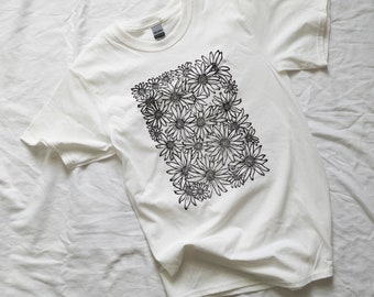 Daisies Original Woodcut Hand Printed T-shirt 100% Cotton